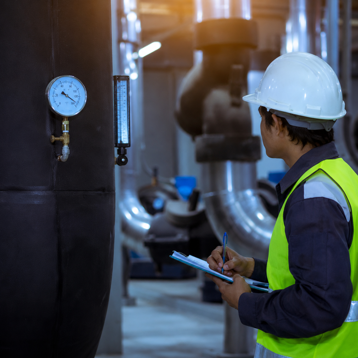 HVAC technician inspecting industrial piping
